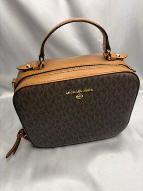 Michael Kors Brown Logo Satchel with Tan Leather Trim